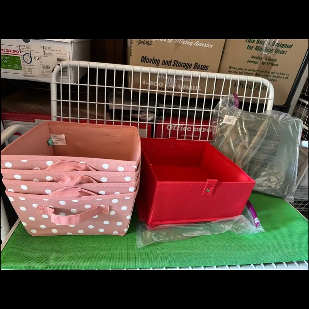 Polka Dot Pink, Solid Red and Green Storage Bins  - 8 total